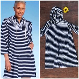 Lands' End Women's Striped V-Neck Terry Hooded Swimsuit Cover Up